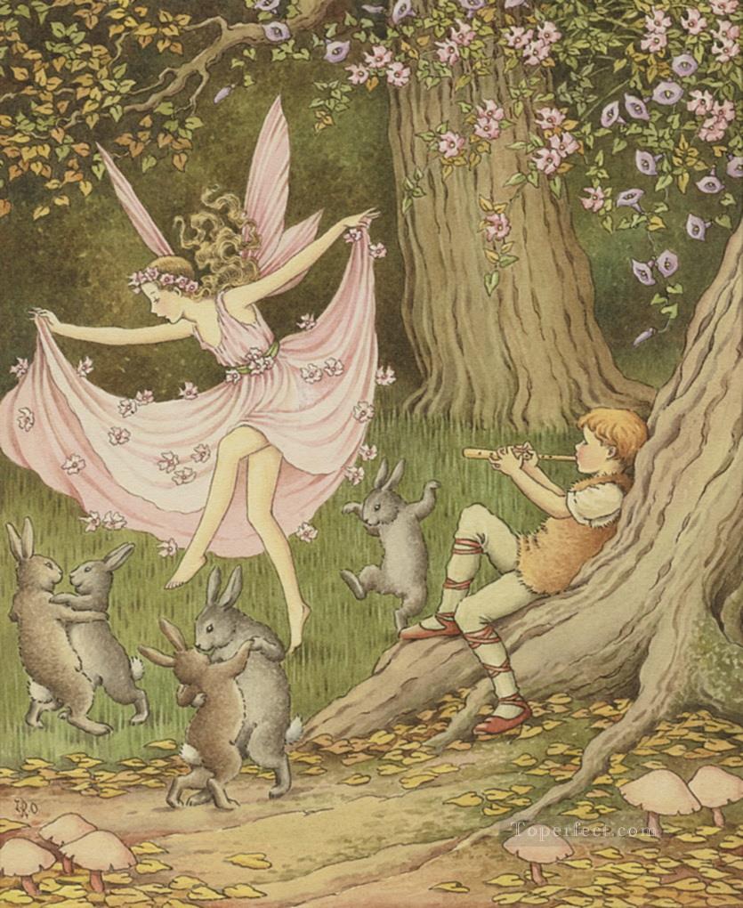 子供のための踊る妖精とウサギ油絵
